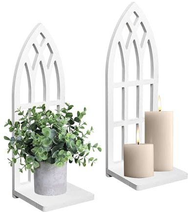 HPC Decor Candle Sconces Wall Decor Set of 2- Handmade Wall Sconce Candle Holder- White Window Shape Wood Wall Home Decor- Farmhouse Wall Decorations for Living Room, Bedroom, Bathroom, Dining Room