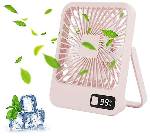 COKEEY USB Desk Fan,5 Speeds & 180° Portable Mini Table Fan with 2000mAh USB Rechargeable Battery,Desktop Fan with LED Display for Office, Library, Bedroom, Travel,White (Pink)
