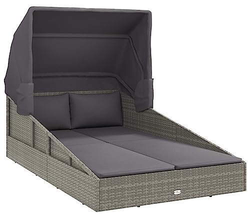 vidaXL Sonnenliege mit Faltdach Grau 200x114x128 cm Poly Rattan