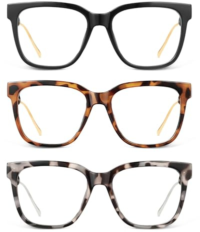 JM 3 Pack Lesebrille Damen Übergroße Metallbügel Federscharnier | Blaulichtfilter, Quadratisch, Leichte Modische Brille