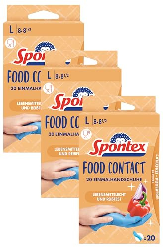 Spontex Food Contact, 20 Einmalhandschuhe aus Nitril, lebensmittelecht, latexfrei und ungepudert, Größe L (1 x 20 Stück) (Packung mit 3)