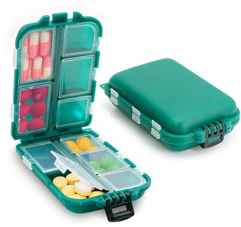 2 pezzi portapillole da viaggio, portapillole portatile con 10 scomparti, mini scatola per compresse, scatola per pillole, leggera e robusta, contenitore per pillole per vitamine (verde verde)