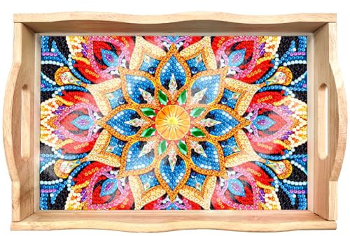 Starnearby Plateau de Service Rectangulaire en Bois, Plateau Repas avec Poignée de Peinture Diamant Bricolage, Plateau Alimentaire en Bois Gigogne pour Vaisselle, Boissons, Petit-déjeuner