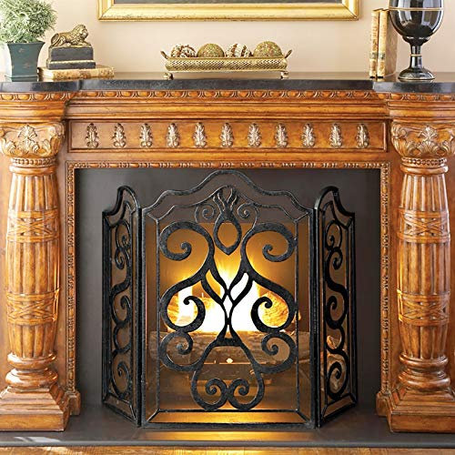 Protection de cheminée, protection de cheminée, robuste, pliable, pare-étincelles autoportant, en 3 parties, grille de protection solide en fer forgé, noir