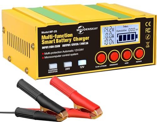 MOUDENSKAY 12A Car Battery Charger 12V/24V Auto Maintainer Trickle Charger With LCD Display - for Lithium, Lead-acid, AGM/EFB Batteries