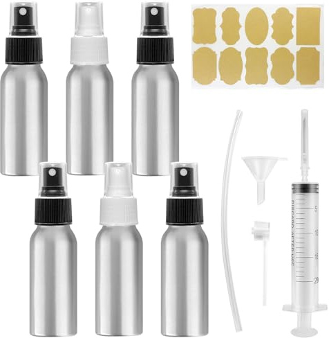Omsscun 6 Stück Sprühflasche Aluminium 60ml, Aluminium Spray Bottle, Sprühflaschen zum Befüllen, Parfum Zerstäuber aus Aluminium mit Schwarz und Weiße Kappen für Frau Mann Reisen Kosmetik