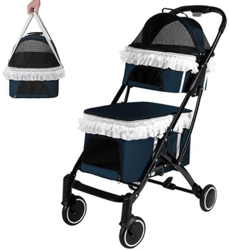 DECORN Doppelte Haustier-Kinderwagen, Zusammenklappbarer Hundekinderwagen mit 4 Rädern für 2 Kleine Hunde oder Katzen, Doppel-Katzenkinderwagen mit 2 Abnehmbaren Tragetaschen, Dunkelblau