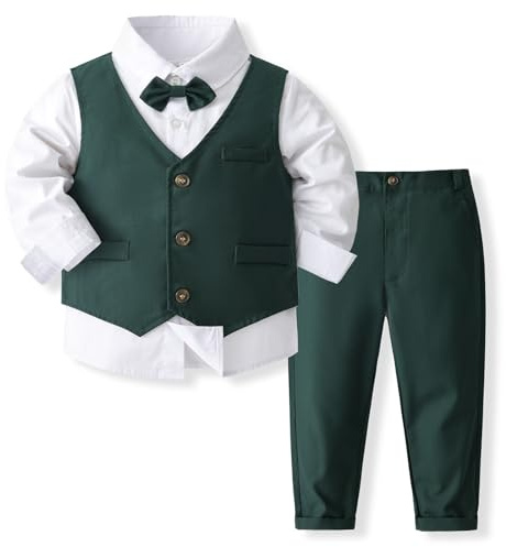 Volunboy Elegant kostym för barn Skjortor + fluga + väst + shorts, pojke kläder 4 stycken gentleman ceremoni bröllop, Mörkgrön, 4-5 anni