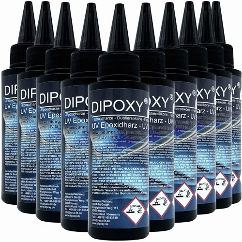 UV-Epoxidharz resin schnellhärtendes epoxy (30-90sek. mit UV Lampe) transparent kristallklar DIY in Profi Qualität 10x100ml (1000ml)