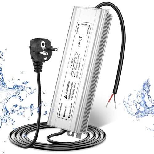 LED Trafo 24V 80W IP67, Outdoor Wasserdicht Transformator mit Stecker, Netzteil Treiber 230V auf DC 24 Volt Adapter, LED Driver Außen für LED-Streifen Lampen Strahler Lichtbänder