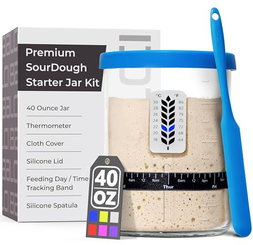 Premium Sourdough Starter Jar - 40oz Large Sourdough Jar with Marked Feeding Band, Scraper, Cloth Cover and Silicone Lid/Base, Wide Mouth Starter Kit - Blue