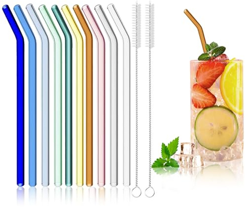 10 Pcs Glass Straws Reusable, 20cm Coloured Drinking Straw with 2 Brushes | Glass Straws BPA-Free for Smoothie Milkshake Milk Coffee Cocktail Cold Drinks 8mm Diameter