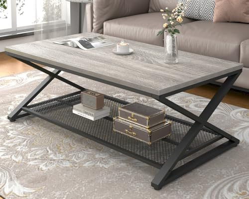 LVB Couchtisch Rechteckig Wohnzimmertisch mit Stauraum Wohnzimmer möbel Sofatisch Holz Metall Design Modern Grau 120cm