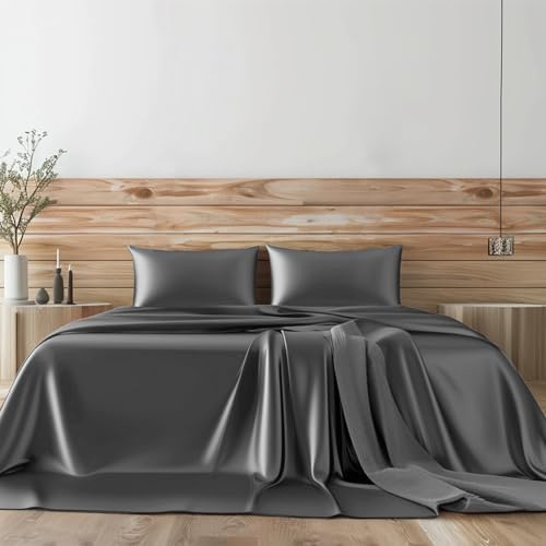 SKS Linen 100% Mulberry Silk Sheet Set - 22 Momme Grade 6A, 16-18 Inch Deep Pocket, Luxurious Bed Sheets for Ultimate Comfort,Queen-Dark Grey