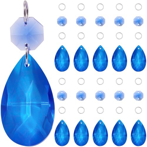 SOFPLATE 1 boîte de 12 Paquets de Prismes de Lustre en Cristal de 38mm Pendentifs de Lustre en Cristal en Forme de Larme Bleue Liens Octogonaux Anneaux de Saut Prisme en Verre Attrape Soleil pour Déc