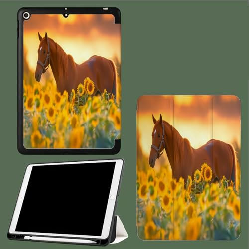 Animal Case for iPad 10th Generation Case 2022 with Pencil Holder, Slim Trifold Stand Cover for iPad 10th Gen 10.9 inch, Auto Wake/Sleep Smart Shell Brown Horse Sunflowers Flowerbed