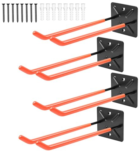YedZen 4 Pcs Wandhalterung Garagenhaken, Orange Farbe Garagen Doppelhaken Tragkraft 80 kg, Schwerlast Garage Storage Wandhaken Haken für Werkzeug Organizer, Schuppen, Fahrradhalter, Gartengeräte