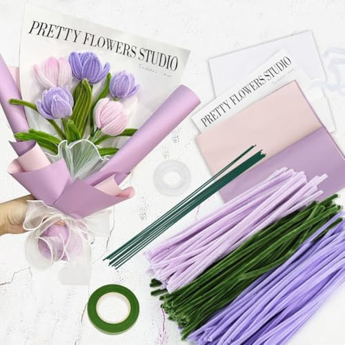 Pfeifenreiniger Blumen Violett Set, Pfeifenputzer zum Basteln, 150 Stück Chenilledraht mit Geschenkpapier Geschenkband, Pipe Cleaner für DIY Handwerk Dekorationen
