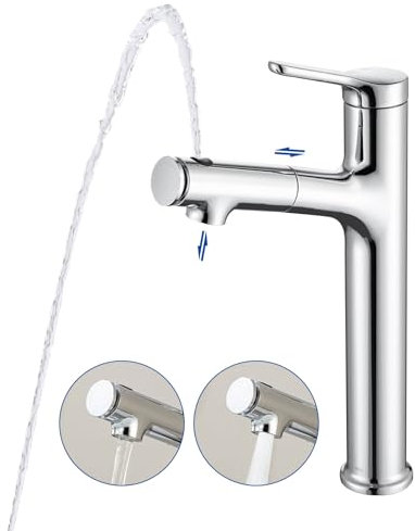 LakeBayMZC Robinet de lavabo haut avec douchette extractible Robinet de salle de bain,Mitigeur monocommande pour lavabo à poser avec 3 types de jets d'eau Douchette extractible,Chrome