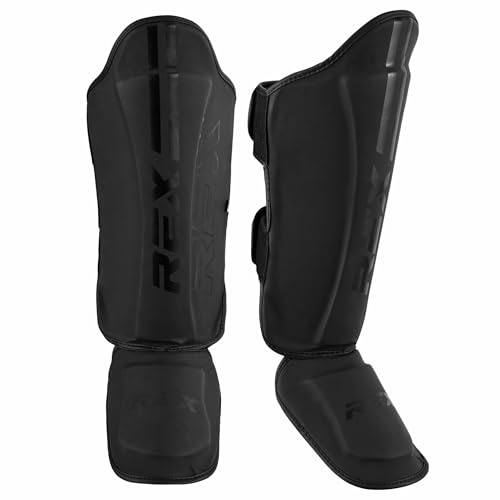 Rex Boxing Shin Guard Muay Thai Instep Leg Protector for Martial Arts, Kickboxing, BJJ, Karate, PU Leather reinforced MMA Shin Instep (FULL BLACK, L)