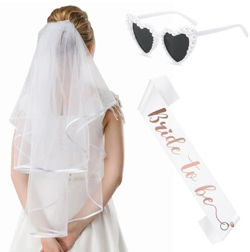 Augesak 3 Stück JGA Accessoires Frauen- JGA Schleier Braut, Herz Sonnenbrille Perle, Bride to Be Schärpe, JGA deko Frauen für Junggesellenabschied Hochzeitsfotografie und Brautparty