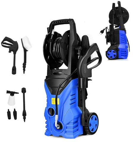 SOARS Nettoyeur Haute Pression 1500W, Nettoyeur Électrique 140 Bar, 5L/Min, avec Buses, Raccord d’Entrée d’Eau, Pot de Lessive, Brosse, Câble Électrique 5 M, pour Voiture, Terrasse, Mur (Bleu+Noir)