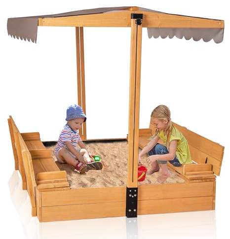 GUTINNEEN Wooden Sandbox with Adjustable Canopy, Outdoor Kids Sand Box with Foldable Benches, Sand Liner, Retractable Roof, 47”Lx47”Wx52”H
