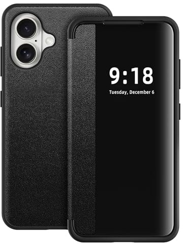 Hülle für iPhone 16 Handyhülle S View Flip Case Stoßfest Kratzfest Tasche Flip Schutzhülle für iPhone 16, Luxus Extra-Dünn Durchscheinend View Bumper Handyhülle für iPhone 16 Smartphone (Schwarz)