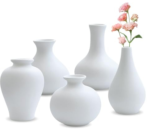 5 Piezas Jarrón de Cerámica, Pequeños Floreros de Cerámica Modernos, Jarrones Mate Jarrón de Mesa en Estilo Minimalista jarrones Decorativos para Dormitorio Cocina Salón (Blanco)