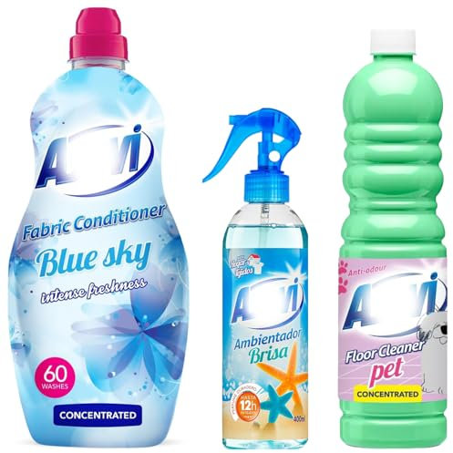 3 Piece Household Spanish Cleaning Products Giftset – Ocean Breeze Air Freshener 400ml, Pet Disinfectant Floor Cleaner 1L, Blue Sky Fabric Softener Conditioner 60 Washes – Home & Laundry Care