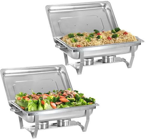 WJYTDHIQS 2 Pezzi Set Buffet scaldavivande, Scaldavivande per Buffet in Acciaio Inox, Pieghevole Vaschette per l'acqua Portavivande e Coperchio, per Buffet Matrimoni Feste, Argento