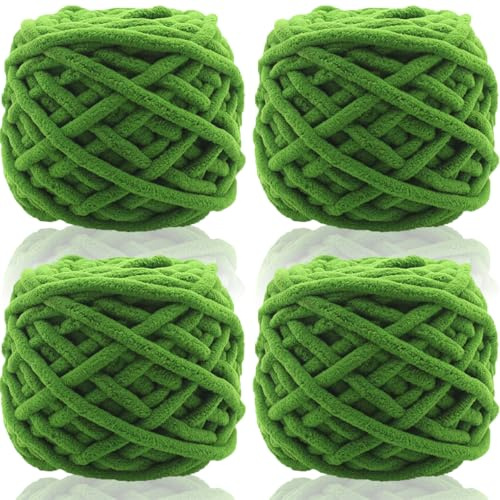 95 g x 4 tjockt garn för virkning och stickning, 7 mm/0,27 tum tjockt virkat Chenille-garn, fluffig tjock ull för virkad filt, docka, väska, hatt, kudde, kattsäng (höstdoftgrön)
