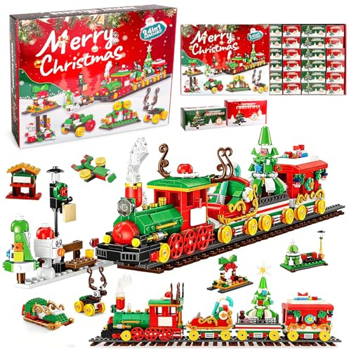 Calendrier de l'avent 2025 Enfant Train de Noël Blocs, 24 Jours à Rebours Calendriers de l'avent Avec Arbre Adulte & Enfants, Jouet Cadeau de Noel pour Kinder Garcon Fille Cadeaux Fêtes Décoration
