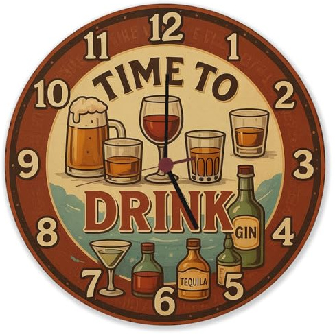 speecheese Time to Drink Vintage Wanduhr aus Alu Bier Weinglas Lustige Dekouhr mit Spruch für Bar, Küche oder Büro