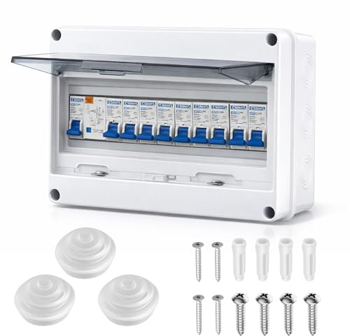 Consumer Unit Circuit Breaker 9 Way: Plastic IP65 Protection Garage Consumer Unit Anti-Leakage Fuse Box for Garages Caravans Workshops 4 x 10 A + 3 x 16 A + 2 x 20A