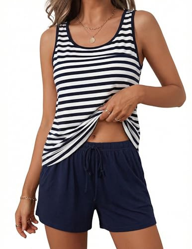 Litherday Pijama Mujer Verano Corto Algodón 95% Camiseta de Tirantes a Rayas y Pantalón Corto Liso Conjunto 2 Piezas Suave y Cómodo para Casa y Dormir Azul Marino XL