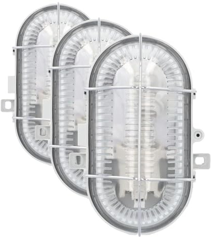 Unitec Ovalleuchte mit Metallkorb, geeignet für Keller, Garage, Garten und mehr, Schutzart IP44, 60 W, grau (Packung mit 3)