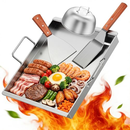 Universal Edelstahl Grillplatte 40x30 cm für Gasgrill - 4mm Massiv Plancha Set inkl. Burger Glocke, 2 Grillspachtel & Abnehmbare Griffe - BBQ Grillplatte für Weber, Enders, Kohlegrill & Backofen