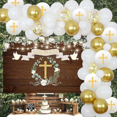 Funmemoir Taufe Party Dekorationen Weiß und Gold Erstkommunion Dekorationen Ballongirlande Kit mit rustikalem Holzhintergrund, Gott Segen Taufe Dekorationen