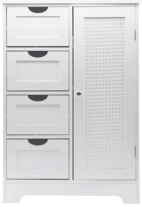 FineBuy schmaler Badschrank 55x80 cm mit Wiener Geflecht – Badezimmerschrank mit Tür und 4 Schubladen – Badregal aus lackiertem MDF – Badezimmerregal modern – Aufbewahrungsschrank Bad Badezimmer