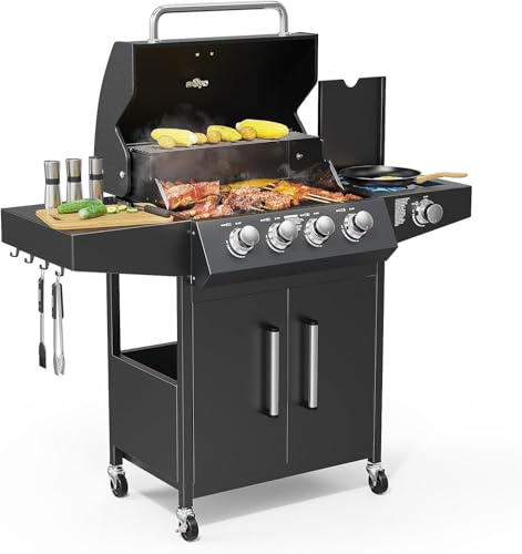 Outopee 4+1 Burner Propane Gas Barbecue Grill with Side Burner, Portable Gas BBQ with Enameled Cast Iron Grate, Warming Rack, Thermometer & Wheels for Patio Garden Party Camping Outdoor Cooking