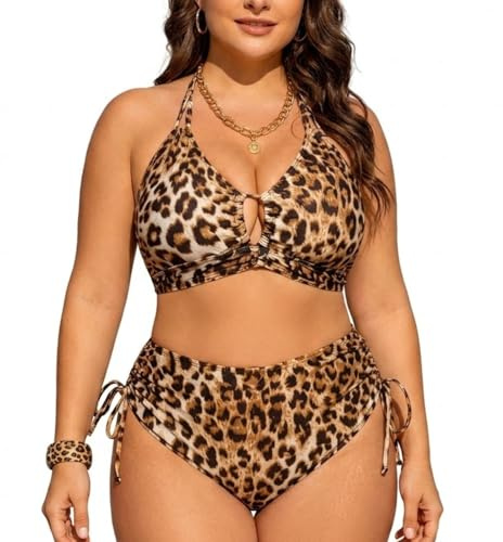 SEDEX Bikini Donna Curvy Due Pezzi Taglie Forti Costume Donna Mare Vita Alta Leopardato Halter Collo Costumi da Bagno Donna Curvy Contenitivo Spiaggia Piscina Vacanze Poliestere Elastan