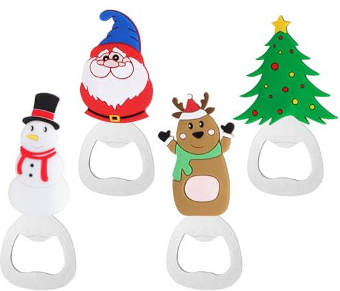 Healvian 4 Pezzi Apribottiglie Tema Natalizio Manico in Silicone Flessibile e Sicuro, Design Babbo Natale, per Feste di Natale in Famiglia, Confezione Regalo Inclusa
