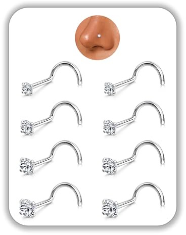 Roheafer 8PCS Hypoallergenic Titanium Nose Studs for Women Men | 18G 20G Corkscrew & L Shape Studs CZ Nose Rings Nostril Rings Stud Screw Piercings Jewellery 1.5mm 2mm 2.5mm 3mm