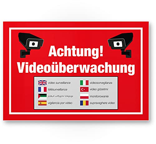 Komma Security Achtung Videoüberwachung Schild 30 x 20 cm - Achtung Vorsicht Videoüberwachung - Hinweis Hinweisschild Videoüberwacht - Hinweis Mehrsprachig Sprachen