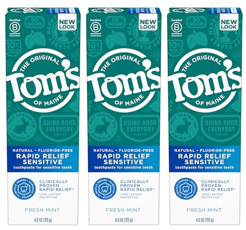 Tom's of Maine Fluoride-Free Rapid Relief Sensitive Toothpaste, Fresh Mint, 4 oz. 3-Pack (Packaging May Vary)
