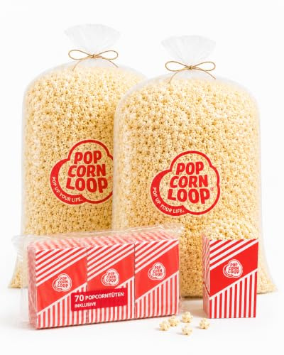 Popcornloop® Popcorn Sack Süß 4 Kg ca. 100 liter inklusive 70 Popcorntüten Gratis Dazu Frisch und Verzehrbereit für Feste Events Veranstaltungen Partys Festivals (Süß, 4 kg)