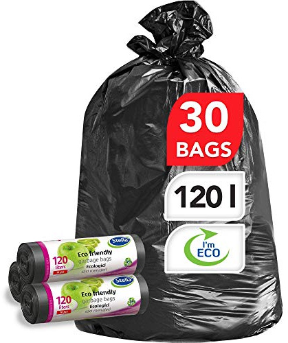 Stella Pack Bolsa de Basura 120l Bolsas de Basura Negras Resistentes con Cierre de Cordón para Uso Doméstico y Comercial Fabricadas con Material Reciclado de Primera Calidad