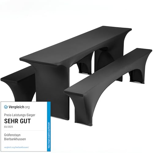 Gräfenstayn® Leopold Stretch - Biertischhussen-Set 3tlg. für Bierzeltgarnitur - 50cm oder 70cm Tischbreite - mit Öko-Tex Siegel Standard 100 : Geprüftes Vertrauen (Schwarz, 50x220)