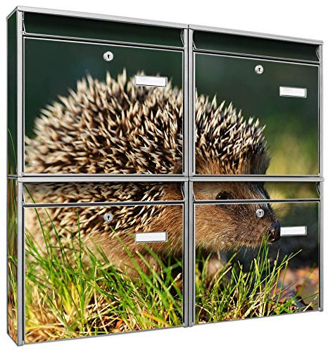 banjado Briefkastenanlage 4 Fach - Postkästen groß - verzinkter Stahl Silber DIN A4 Motiv Bruno - Briefkasten Set 4 Briefkästen Namensschild, 2 Schlüssel, Montagematerial